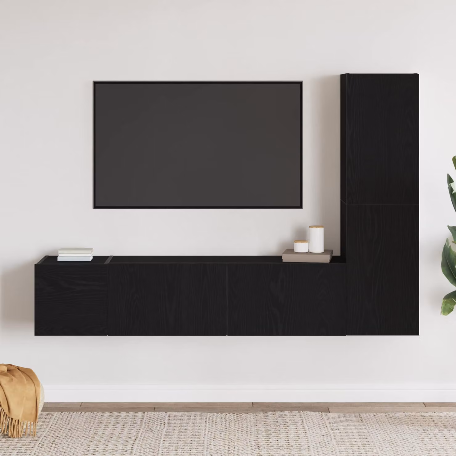 Set mobile TV moderno vidaXL in 4 pezzi, Rovere e Nero, in legno ingegnerizzato MDF, L: 140,0 cm, H: 130,5 cm, P: 30,9 cm
