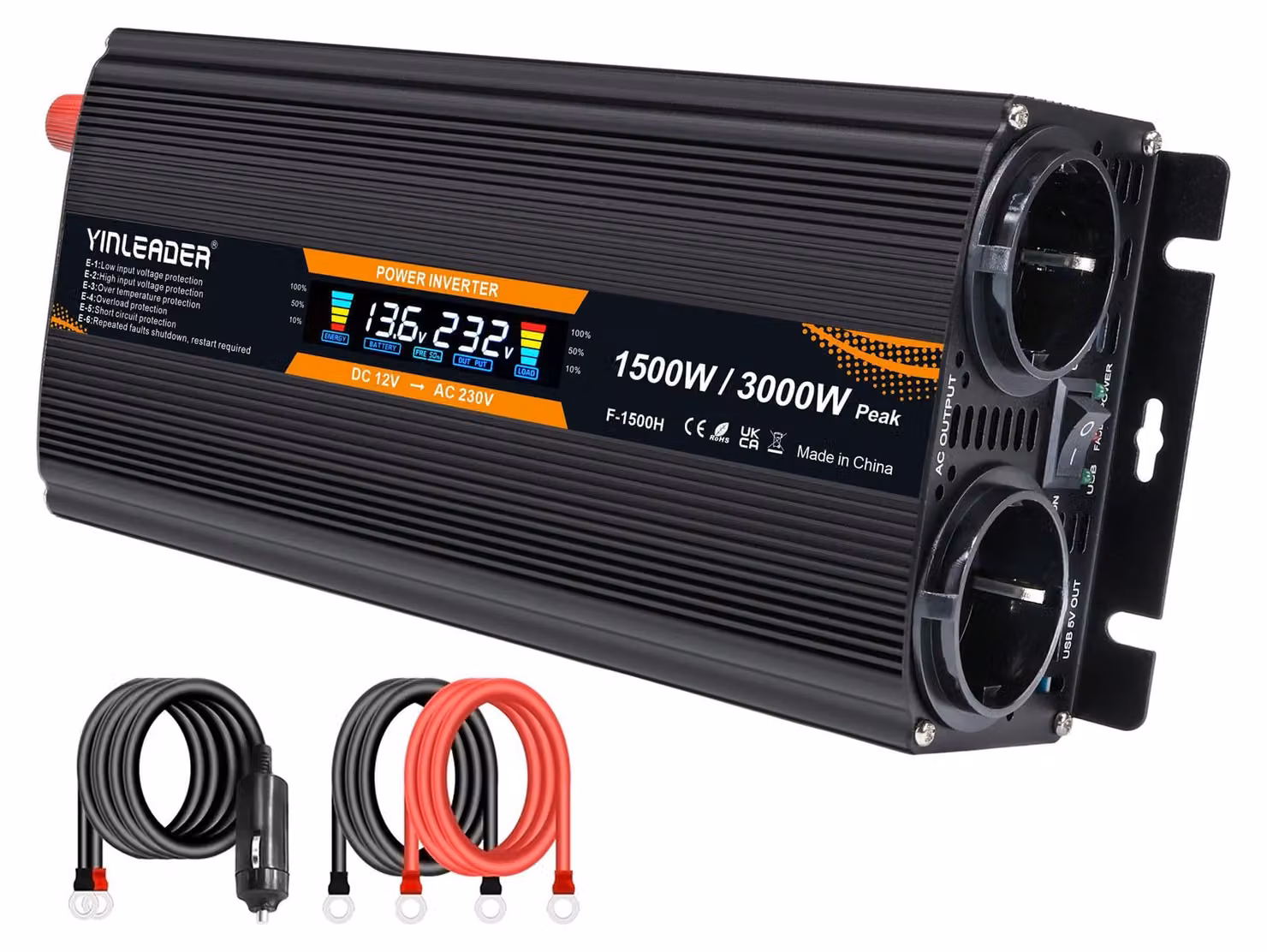 Convertitore di tensione da 12 V a 230 V, 1500 W - Convertitore nero con display LCD per veicoli e viaggi
