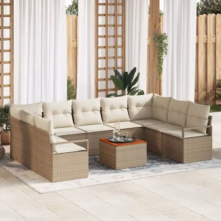Set Divano da Giardino vidaXL 10 Pezzi a Forma di L Beige con Cuscini e Tavolino da Esterno in Polyrattan e Acciaio