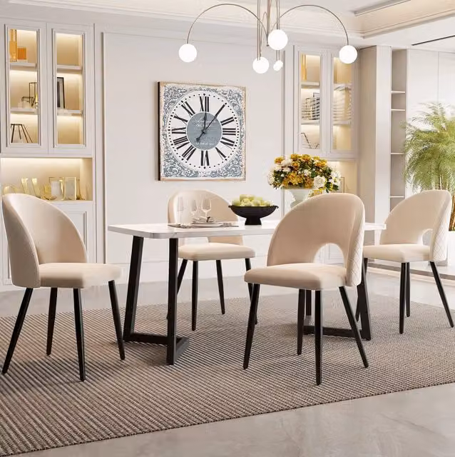 Set da pranzo moderno con tavolo MDF 117x68 cm e 4 sedie in velluto beige con gambe regolabili