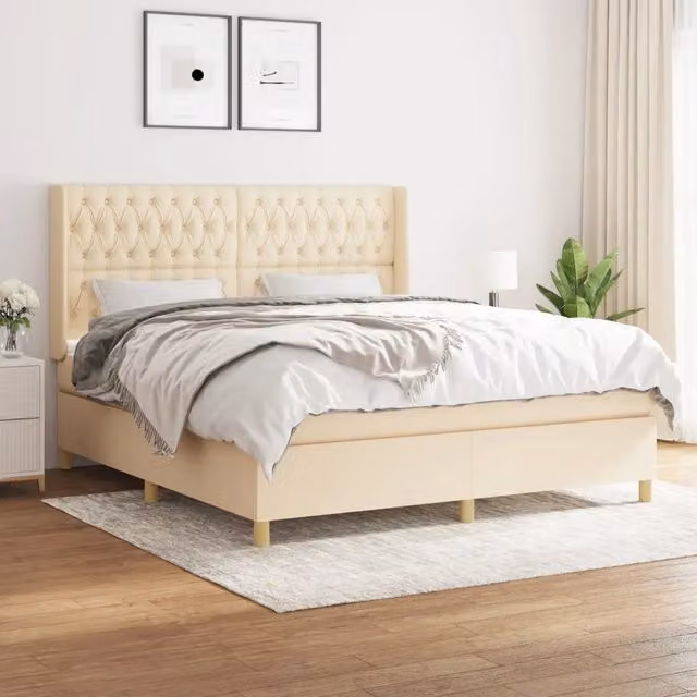 Letto Ibrido vidaXL con Giroletto a Molle e Materasso in Tessuto Beige e Bianco L/P: 180 x 200 cm