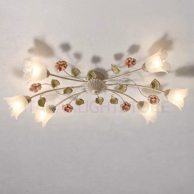 SPRING Plafoniera Allungata a 6 Luci in Metallo e Vetro Stile Floreale Bianco e Oro/Ottone