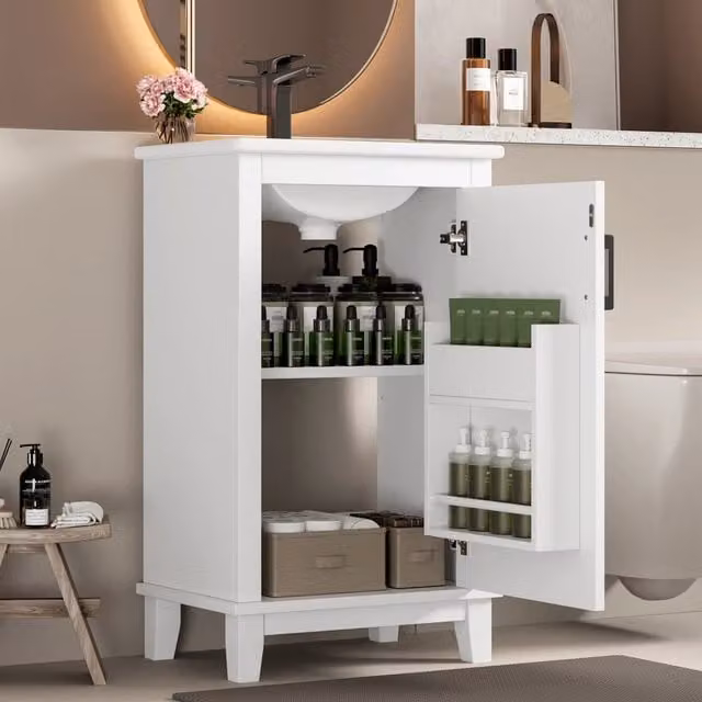 Mobile bagno freestanding WISHDOR con lavabo in ceramica, 1 anta e ripiani interni, bianco, L: 51 cm, P: 34 cm, H: 83 cm