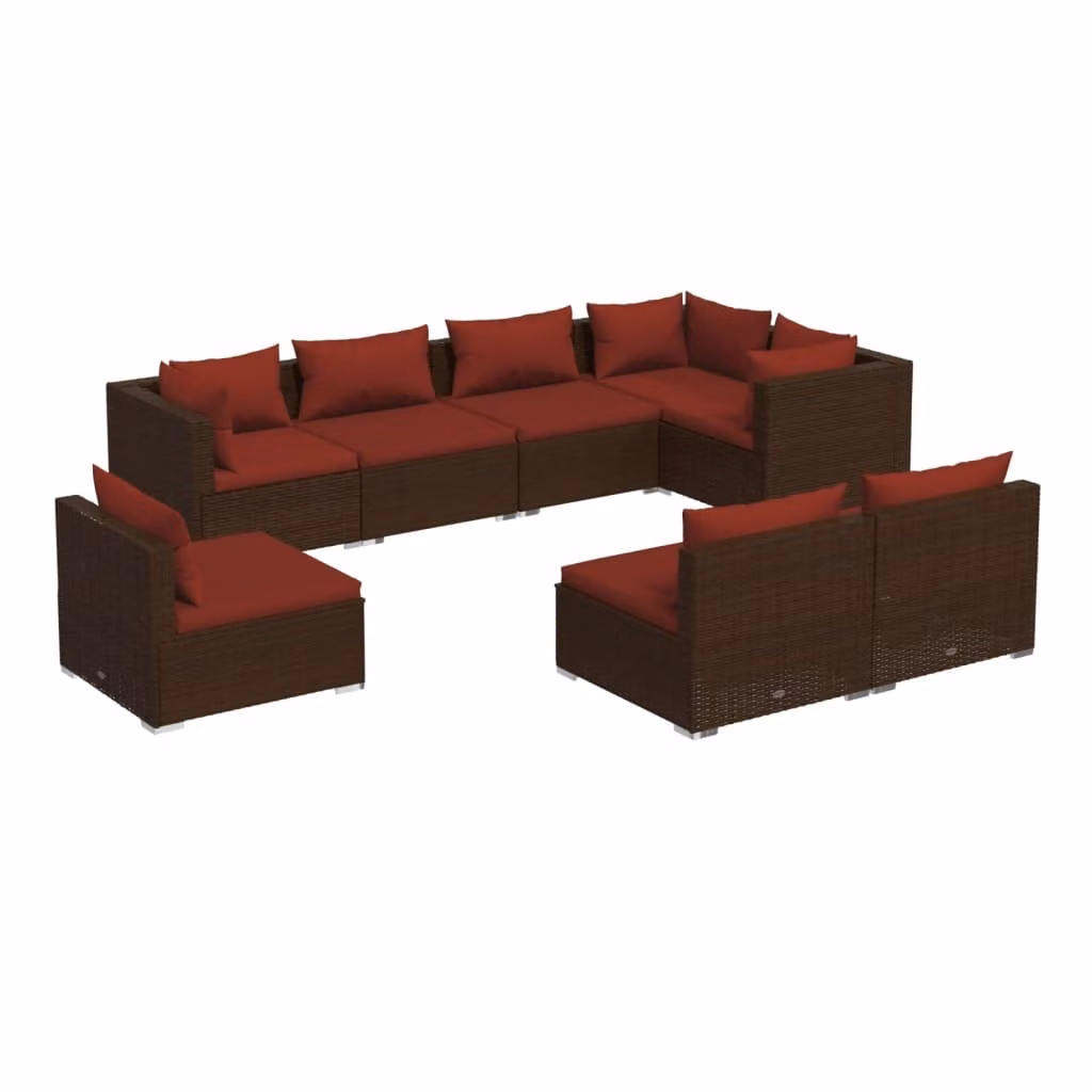 Set Divani da Giardino 8 pz con Cuscini in Polyrattan Marrone