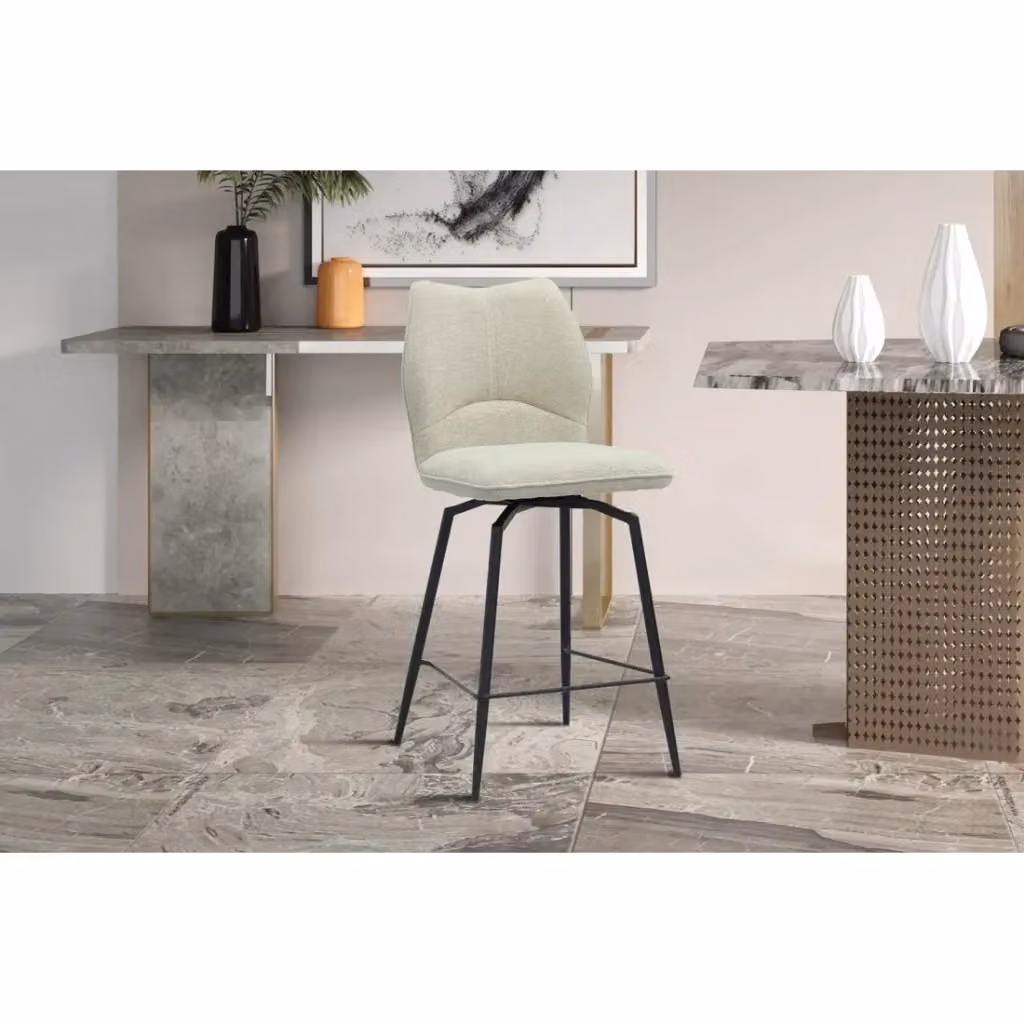 Sedia da bancone girevole CROFT Meublorama in tessuto beige con piedini in metallo nero stile industriale Altezza: 103 cm – 2