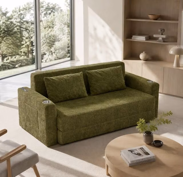 Divano letto 2 posti 2 in 1 pieghevole con porte USB in schiuma verde