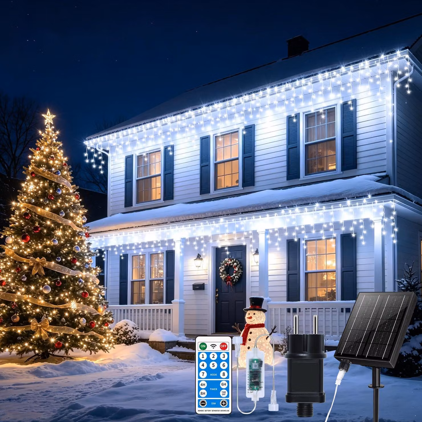 Catena luminosa effetto neve, 800 LED, 35 metri, luce bianca calda, alimentazione solare e a rete, grado di protezione IP65