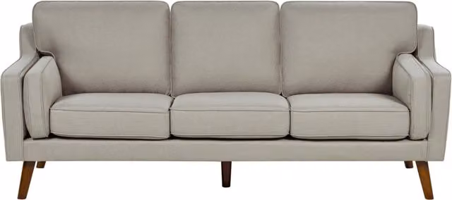 Divano moderno a 3 posti imbottito in tessuto beige e gambe in legno stile classico e moderno