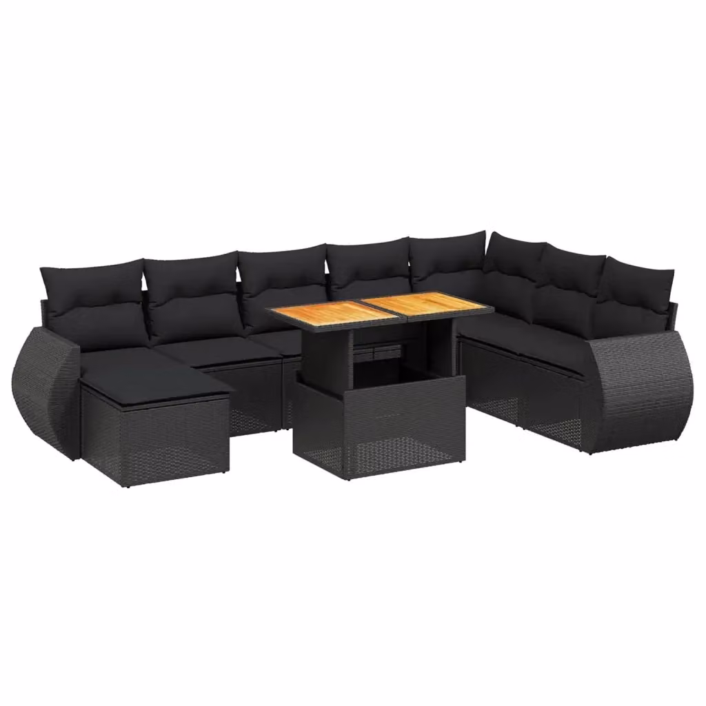 vidaXL Set Divani da Giardino a L 9 pz in Polyrattan Nero con Cuscini e Tavolino da Esterno – 2