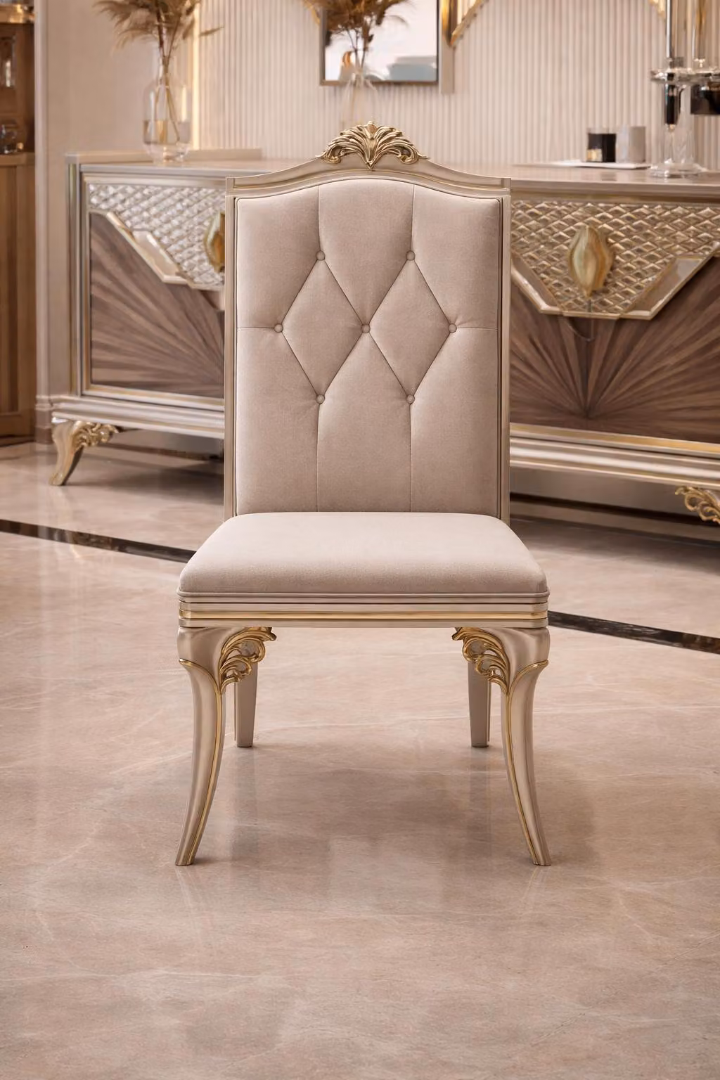 Sedie da pranzo beige con elegante trapuntatura a bottoni e dettagli dorati
