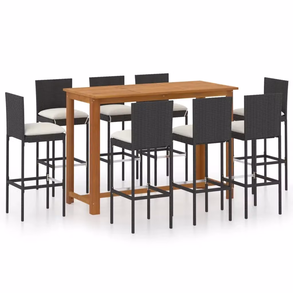 Set da Bar da Giardino vidaXL 9 pz in Polyrattan e Legno di Acacia con Cuscini Nero, Beige e Marrone – 2