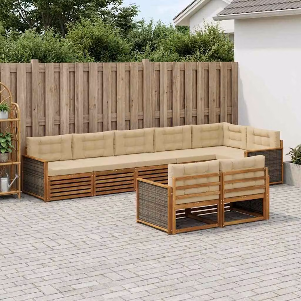 Set di divani da esterno vidaXL 8 pz in legno di acacia con cuscini, modello a L, colore beige e marrone