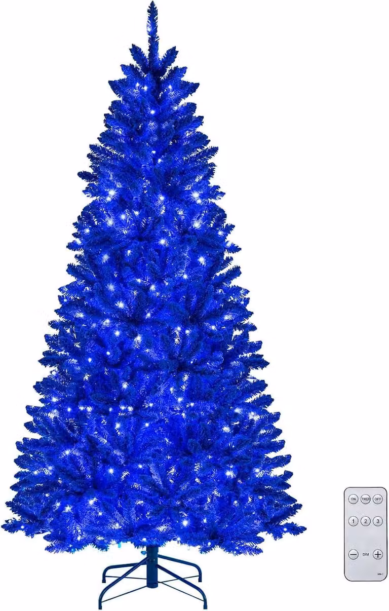 Albero di Natale artificiale COSTWAY con neve, altezza 180 cm, abete decorato con 250 luci LED blu, 3 modalità di illuminazione, 4 livelli di luminosità, timer, 588 punte e supporto