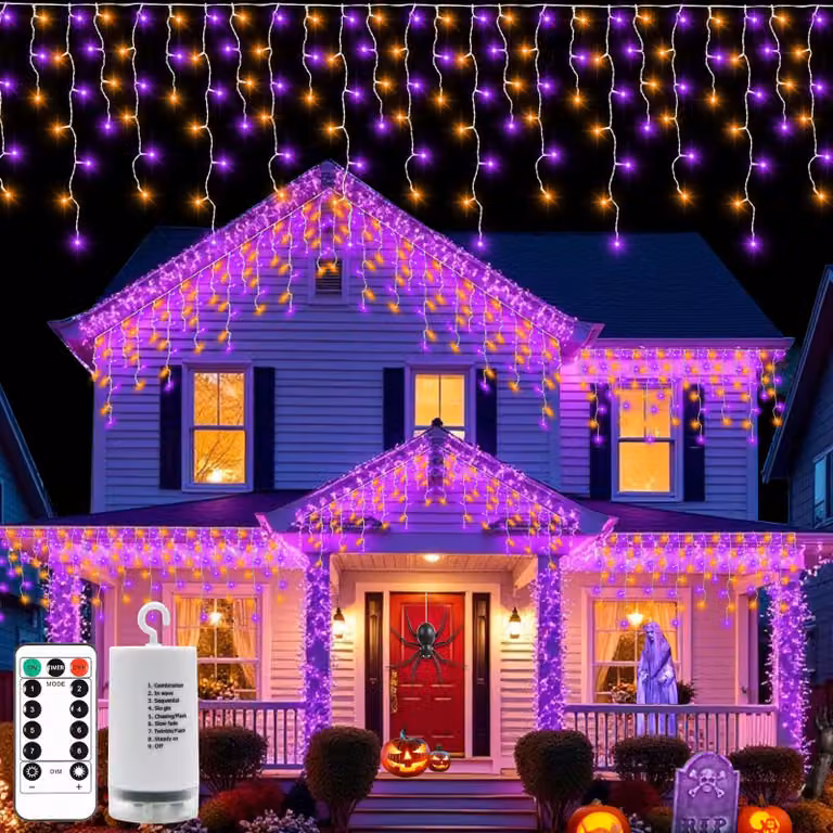 Catena luminosa a LED con effetto ghiaccio, lunghezza 6 metri, 300 LED, colore lilla/arancione, con telecomando