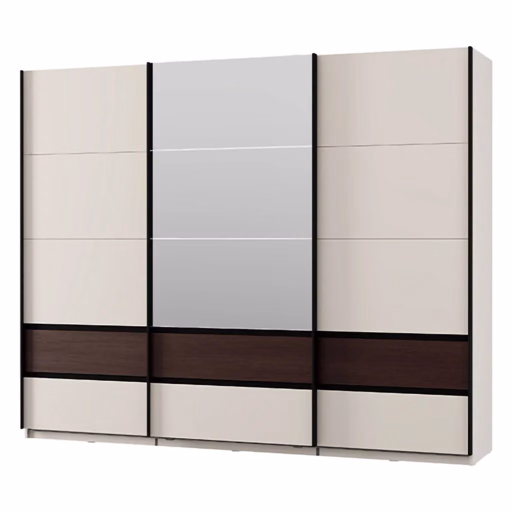 Armadio con ante scorrevoli DMORA per camera da letto, moderno con specchio e illuminazione LED, L: 267 cm, P: 62 cm, H: 218 cm, colori bianco beige e marrone – 2