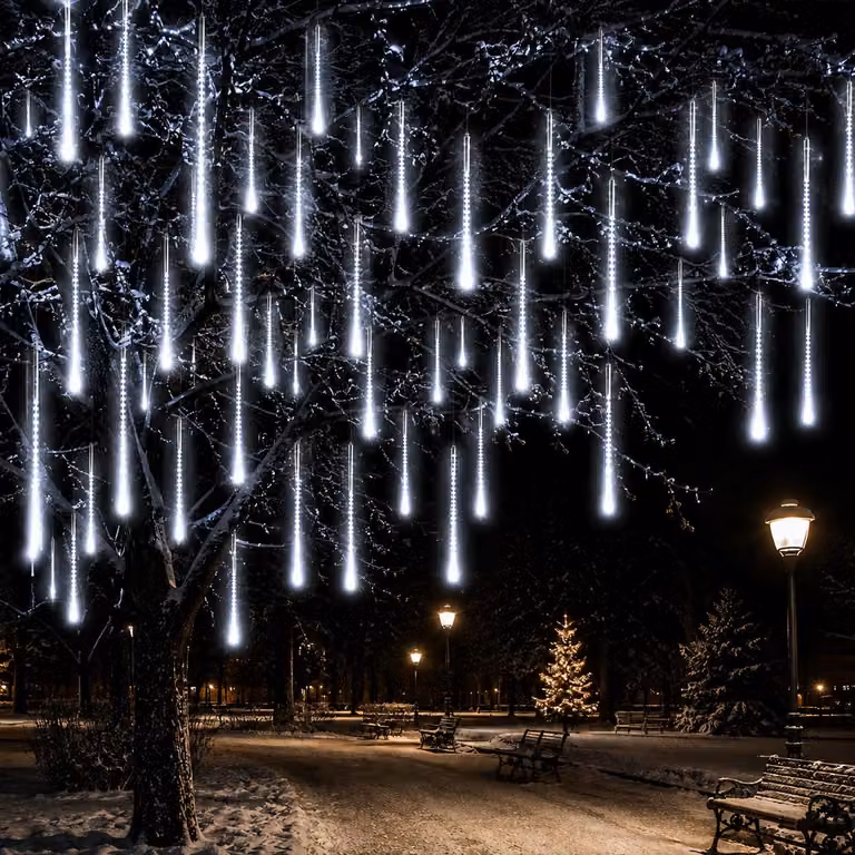 Pioggia di meteoriti, catena luminosa con 8 luci, effetto neve, luci natalizie, decorazioni per Natale, Halloween, matrimonio, colore bianco, 50 cm, 288 LED