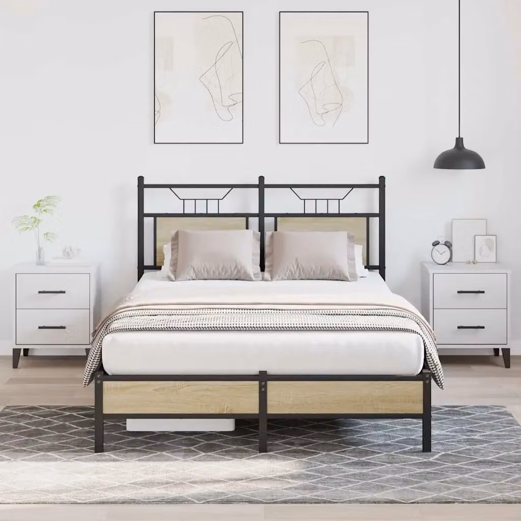 Letto matrimoniale per adulti con struttura in legno e metallo color rovere, L/P/H: 120 x 200 x 91.5 cm – 2