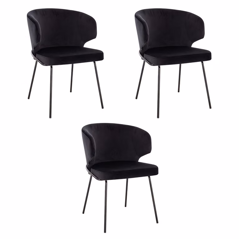 Home Deluxe - Sedia imbottita AMARA- 3 pezzi, colore: nero velluto - imbottitura morbida, carico massimo 120 kg I Sedia da cucina Sedie da pranzo Sedie da sala da pranzo