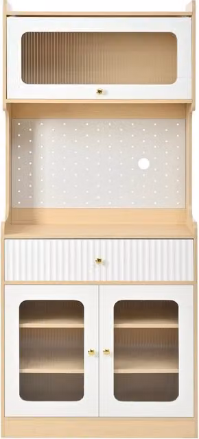 Buffet alto in MDF con ripiani regolabili, cassetti e illuminazione LED, vetro rigato, 80x40x180 cm, colore naturale