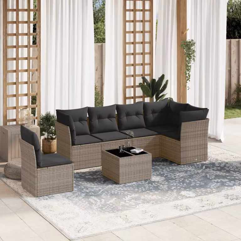 Set di divani da giardino vidaXL in polyrattan grigio con cuscini e tavolino da esterno 7 pezzi