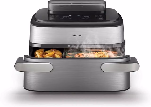 Friggitrice ad aria Philips Serie 5000 Maxi con vapore Dualbasket 9,5 l, Inox/Nero – 1