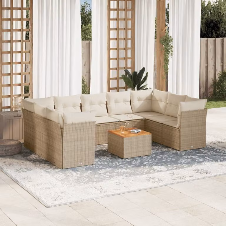 vidaXL Set Divano da Giardino 10 pz in Polyrattan con Cuscini Beige e Tavolino da Esterno