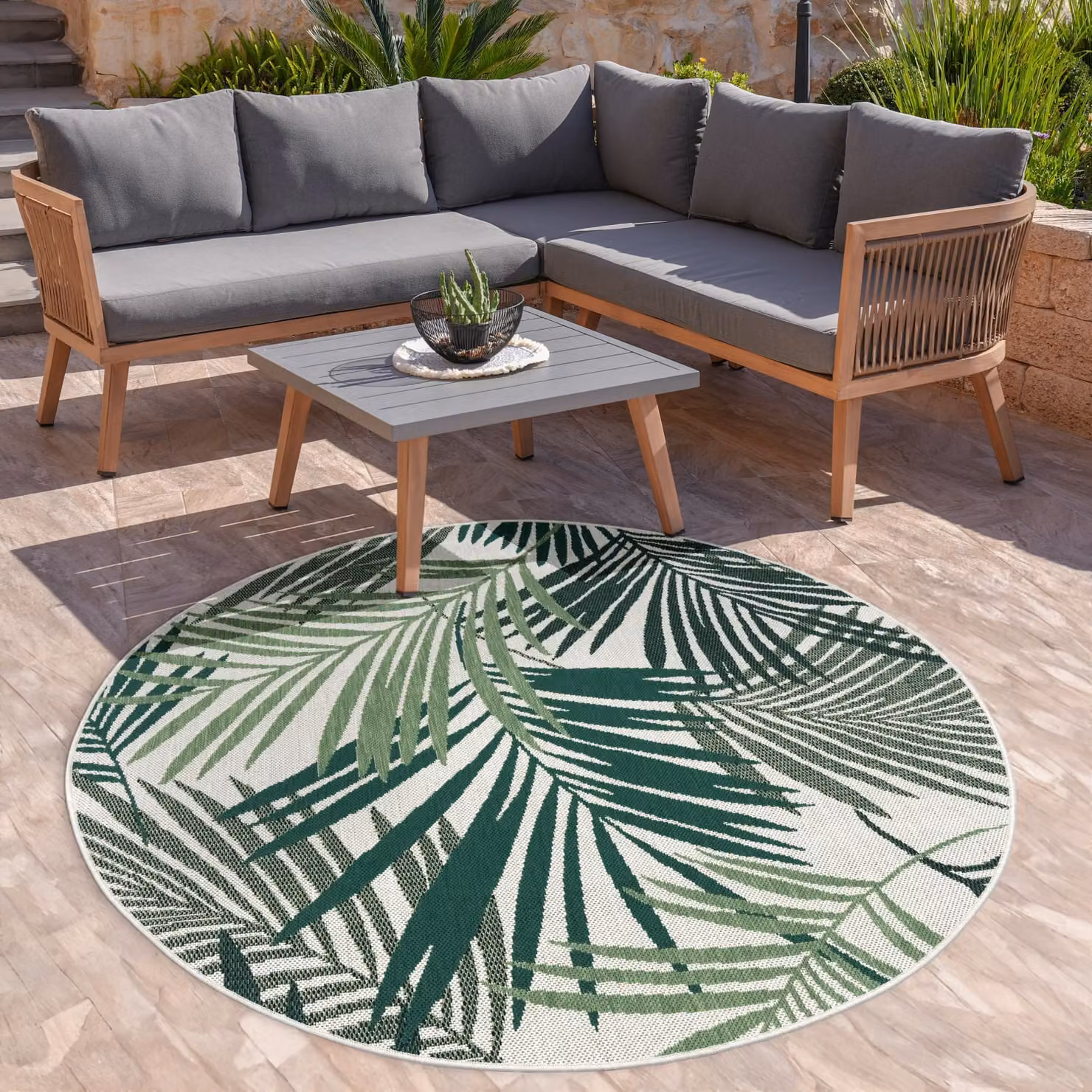 Tappeto rotondo Ostenza verde con motivo floreale per interni ed esterni, diametro: 200 cm – 3