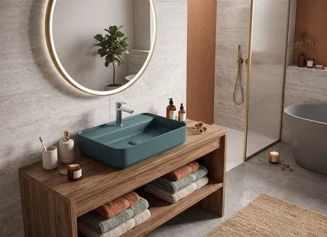 Lavabo rettangolare da appoggio senza troppo pieno in ceramica con foro rubinetto - Verde Petrolio Opaco