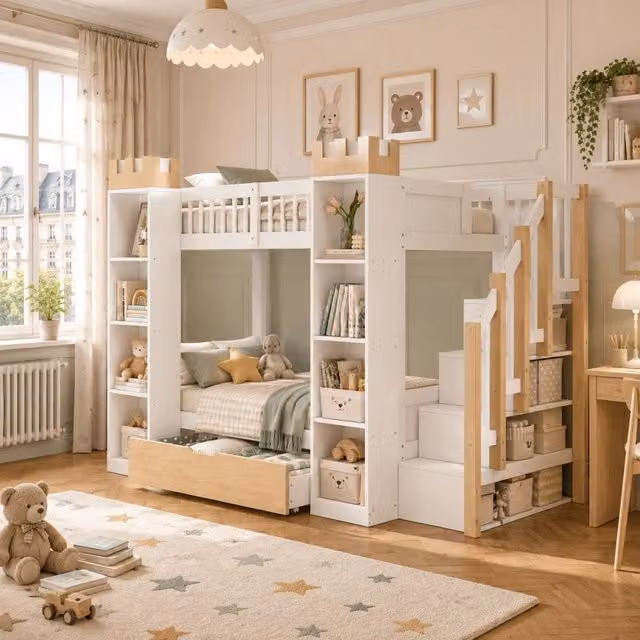 Letto a castello per bambini 90x200 cm con scala contenitore; cassetto e protezione anticaduta; pino bianco