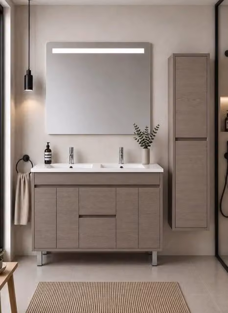 Mobile bagno con lavabo ORIGENBATH ISQUIA senza specchio 120x45 cm doppio lavabo rovere smoky con colonna