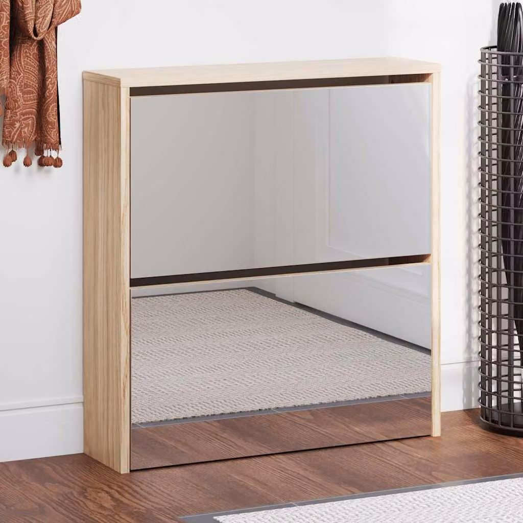 Scarpiera moderna vidaXL con specchio e ripiani interni, colore rovere, da appendere al muro, L: 63 cm, P: 17 cm, H: 67 cm
