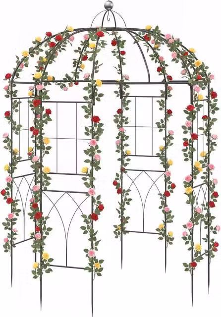 Pergolato da giardino a forma di gabbia in metallo nero con gancio e picchetti, traliccio ad arco per piante rampicanti e ornamentali, L: 109,0 cm, P: 37,5 cm