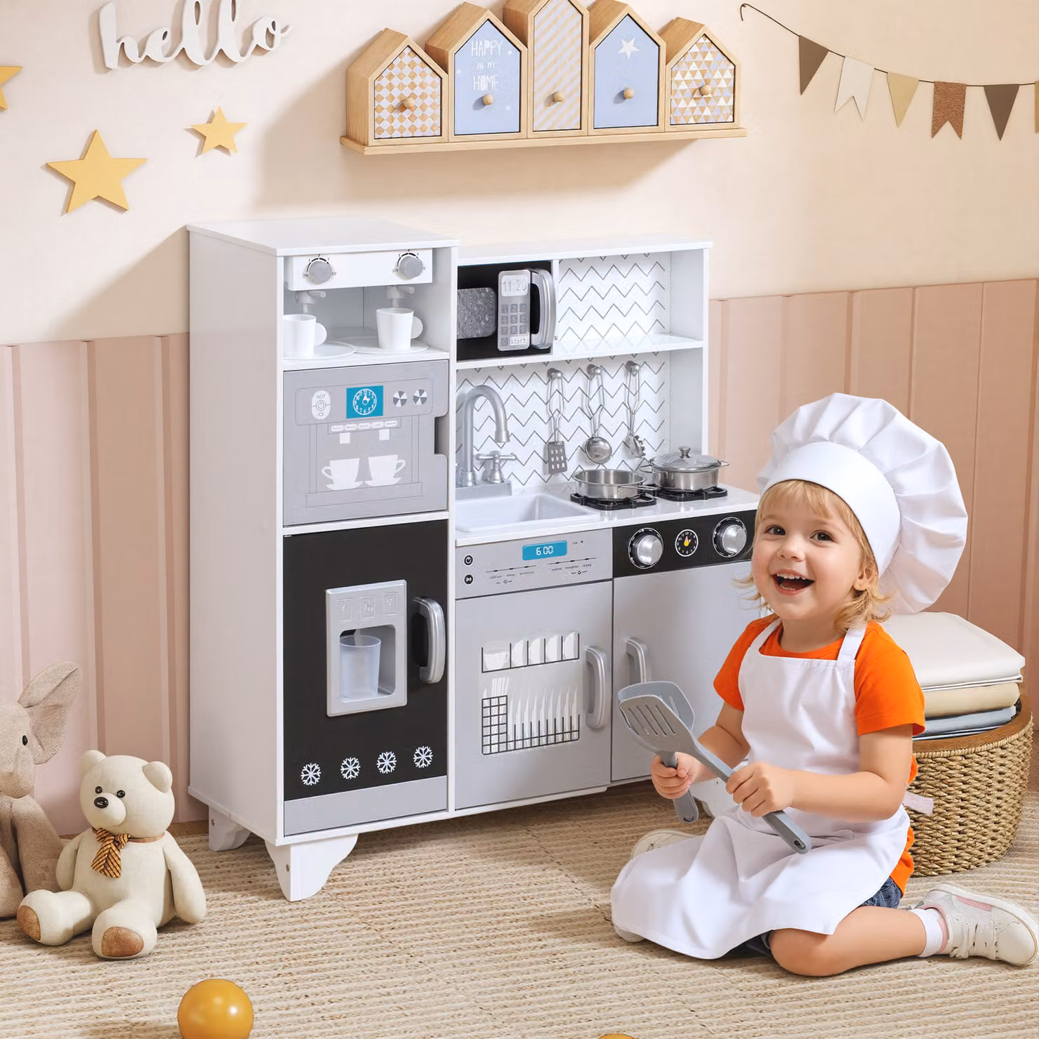 Cucina Giocattolo in Legno AIYAPLAY con Accessori in Acciaio Inossidabile per Bambini, Colore Bianco – 2