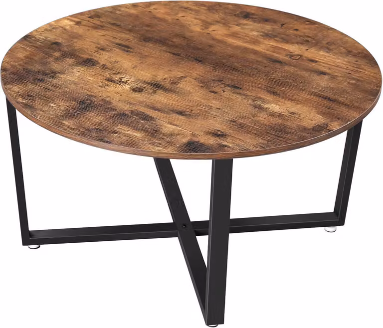 Tavolino rotondo - Tavolino da caffè vintage - Struttura in ferro - Piano del tavolo effetto legno - Diametro 88 cm - Nero