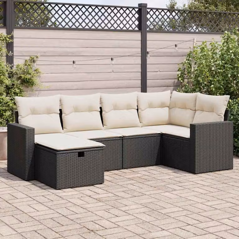 Set Divano da Giardino vidaXL 6 pz in Polyrattan Nero con Cuscini