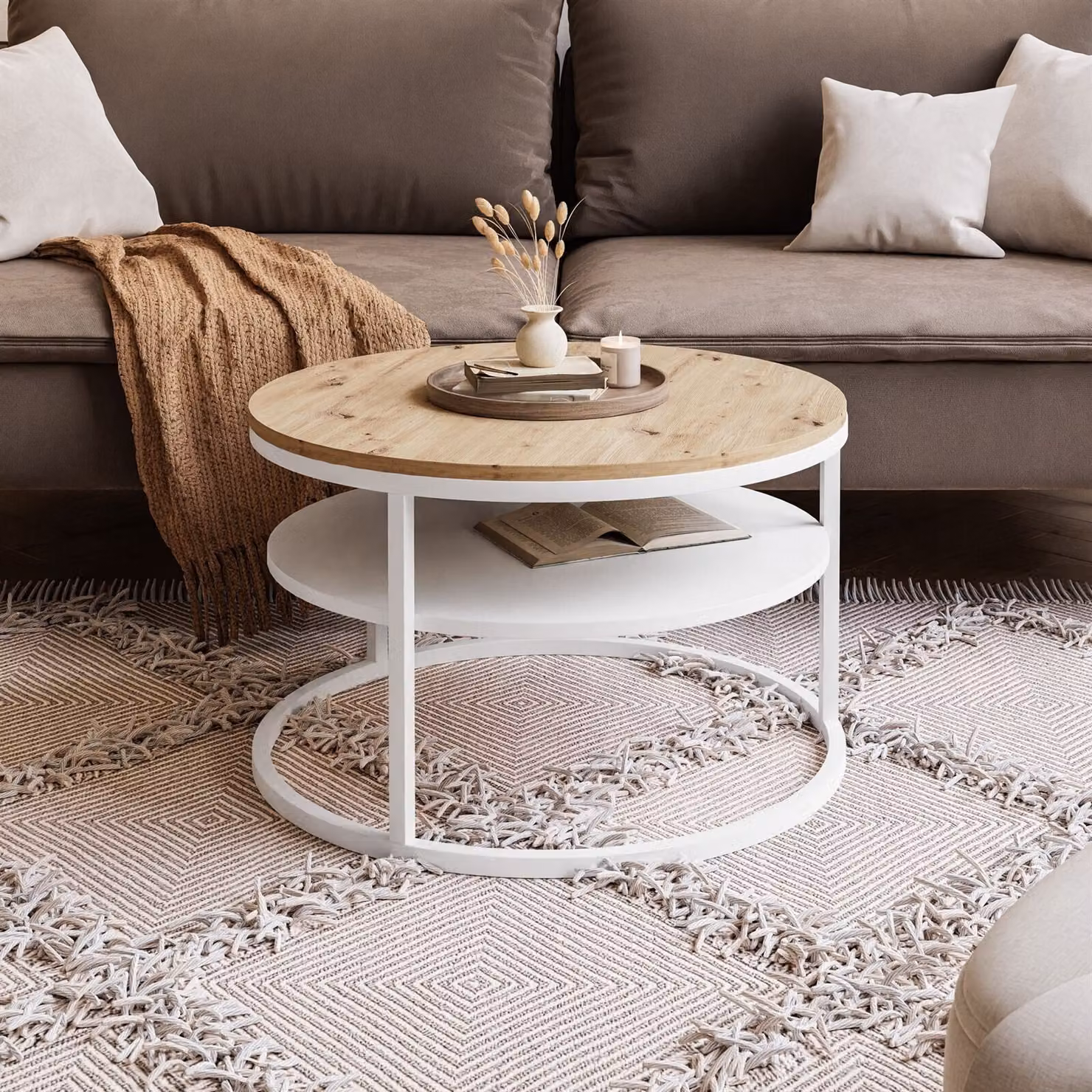 CIRI SLIM tavolino rotondo con ripiano, bianco / rovere Artisan