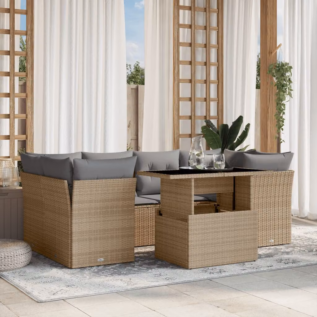 vidaXL Set Divani da Giardino 7 pz a Forma L con Cuscini Beige e Tavolino in Vetro – 1