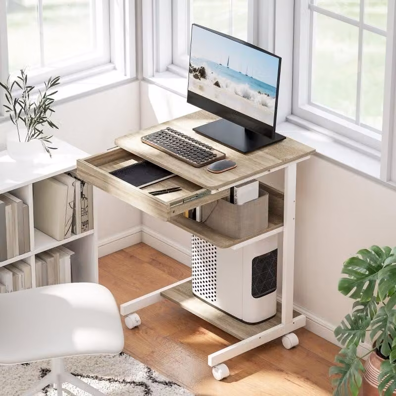 scrivania per computer okwish con cassetto estraibile e ripiano centrale, tavolino da tavolo per PC, tavolo da gioco con 4 ruote, rovere