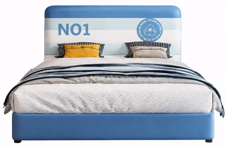 Letto per bambini blu, in pelle, dal design moderno e delicato, ideale per i bambini, realizzato con materiali di alta qualità