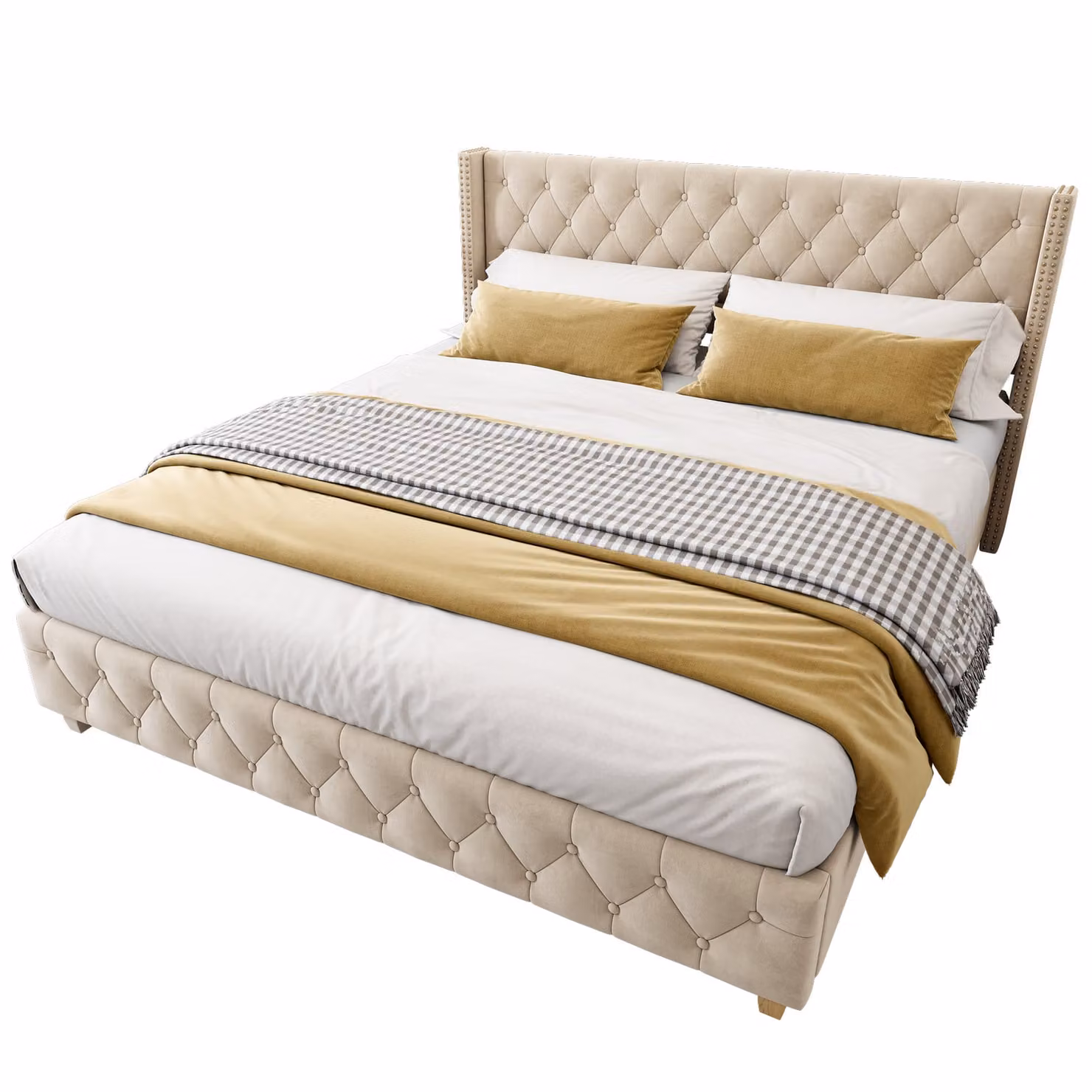 Letto imbottito 160×200 cm con rete a doghe e testiera, imbottitura con bottoni, imbottitura con rivetti, gambe in legno, velluto,