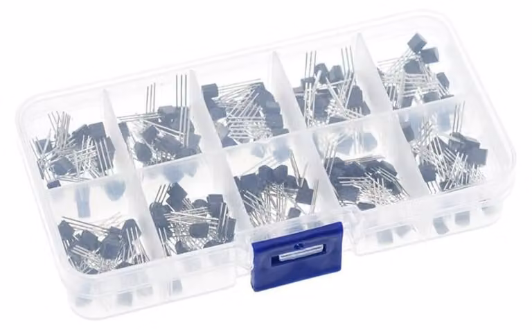 Set di transistor, 200 pezzi, 10 tipi, tra cui BC337, 2N2222 e altri.