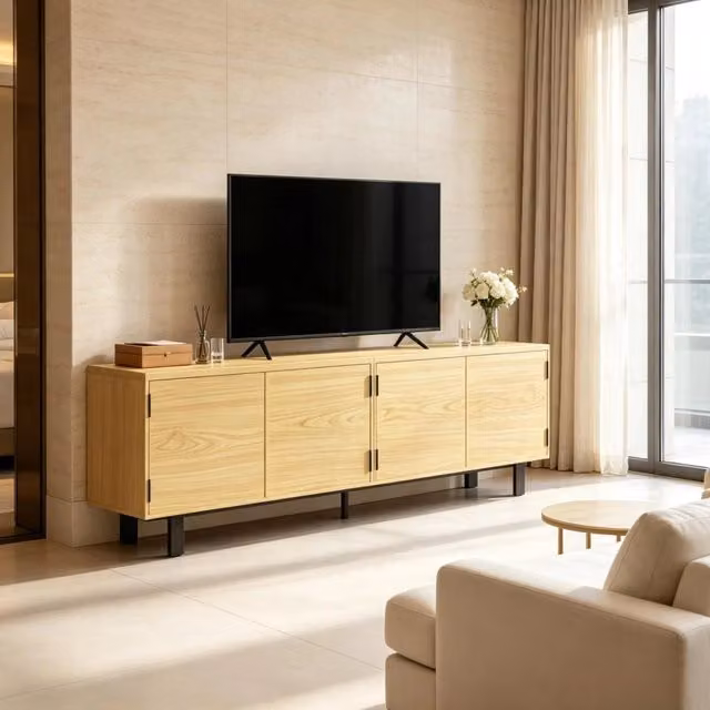 Mobile TV ULEVR 180x35x55,5 cm con 4 ante a pressione e ripiani laterali, effetto legno naturale