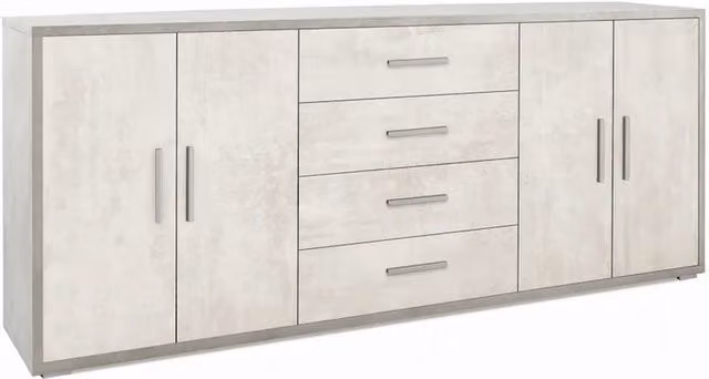 Madia credenza mobile con 4 ante e 4 cassetti 203x41x84H cm in kit di montaggio colore Cemento e Ossido bianco