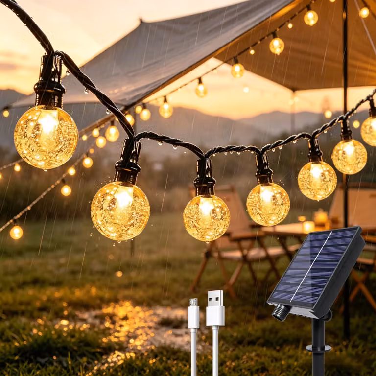 Catena luminosa solare da 12 metri, 100 LED, luce bianca calda, grado di protezione IP65, 8 modalità, alimentazione USB