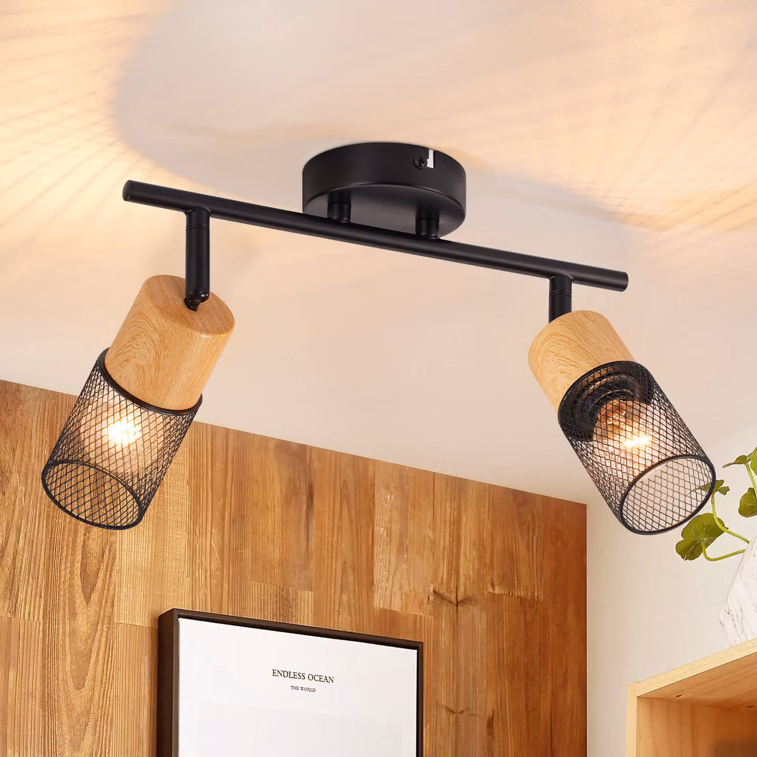 ZMH LED plafoniera legno E14 faretti 2 fiamme 350° orientabili faretti da soffitto faretti da parete vintage per soggiorno camera da letto cucina senza lampadine