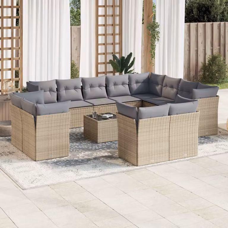 vidaXL Set Divano da Giardino 13 pz a forma di U con Cuscini Beige e Tavolino in Vetro e Struttura in Acciaio Verniciato a Polvere