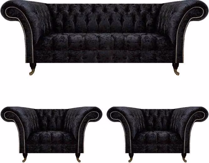 Designer Schwarze Chesterfield Garnitur Edle Lehnsessel Polster 3-Sitzer