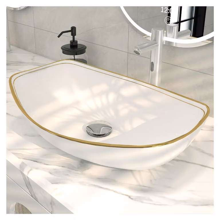 Lavabo ovale con bordo dorato, dimensioni 56,5x40,3 cm, in Vetroceramica