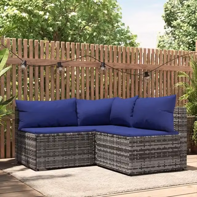 Set di divani da giardino a L vidaXL in rattan con cuscini blu e grigio e struttura in metallo – 1