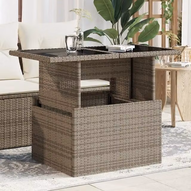 Tavolo da giardino moderno vidaXL in polyrattan grigio con piano in vetro, L: 100 cm, P: 55 cm, H: 73 cm
